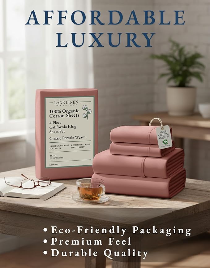 LANE LINEN 100% Organic Cotton California King Sheets Set, 4-Piece Pure Organic Cotton Long Staple Percale Weave Soft Best Bedding Sheets for Bed, Breathable, Fits Mattress Upto 15" Deep - Rose Dawn