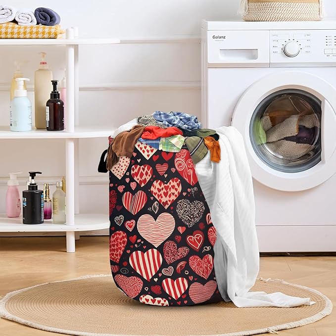 Red Heart Laundry Basket with Sturdy Handles, Collapsible Oxford Cloth Laundry Hamper Organizer Basket for Bathroom Bedroom 15.7x20 Inch