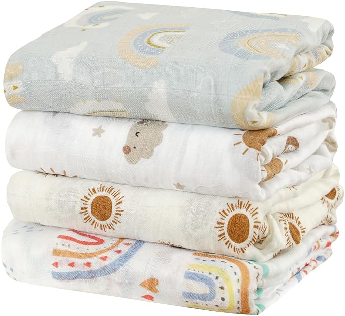 CoolaPeach 4 Set Muslin Swaddle Blankets for Newborn Baby Boys, Girls,Receiving Blankets-Cute Soft Print Baby Towel Wrap 120x110cm Baby(Rainbow)