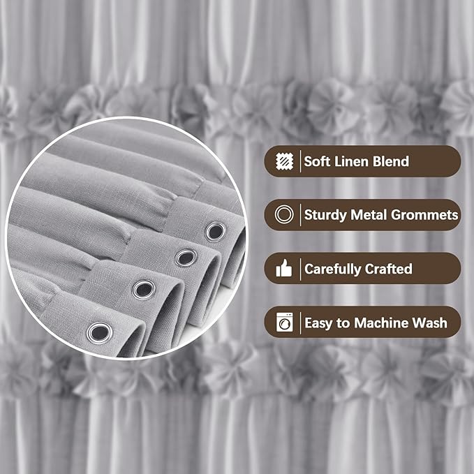 XOGUIBO Linen Ruffle Shower Curtain with Handmade Bow Tie, Vintage Farmhouse Shower Curtain for Bathroom, Grey 72" W x 72" H