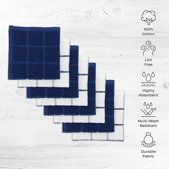 Mellow Buff 100% Cotton Terry Dish Cloth & Dish Towel, 6 Pack, Super Soft and Absorbent Kitchen Towels, Perfect for Kitchen Cleaning and Dish Washing (Navy (Solid and Check) 8 Pack)