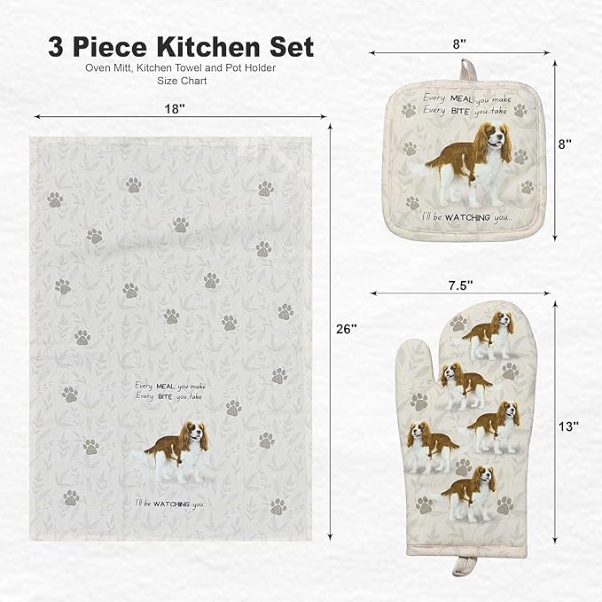King Charles Cavalier 3-Piece Kitchen Set - Oven Mitt, Pot Holder & Kitchen Towel Set, Heat Resistant up to 420 F, Soft Quilted Cotton for Cooking, Baking, BBQ, Pet Lover Gifts (King Charles Cavalier)