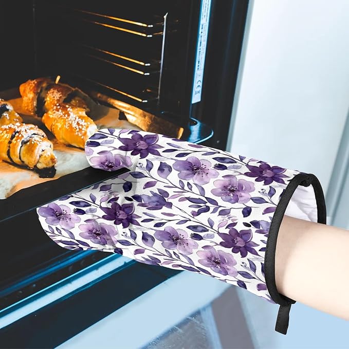 Flower Oven Mitts and Pot Holders Sets, 2 Pcs Purple Floral Decorative Kitchen Oven Glove for Cooking