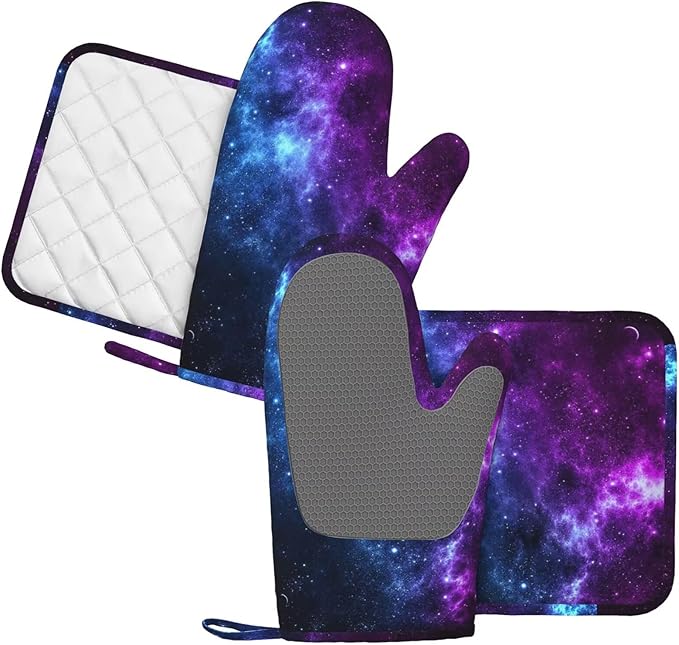 Galaxy Oven Mitts and Pot Holders Set of 4 Silicone Blue and Purple Galaxy Kitchen Mitten Gloves and Non-Slip Universe Theme Potholders Set Heat Resistant Oven Gloves Hot Holders for Kitchen