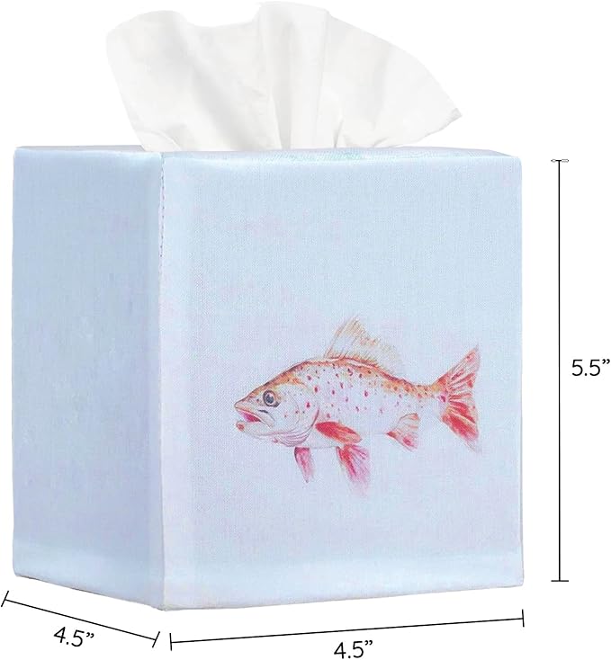 EmbroideryLinen.VN Tissue Box Cover Set of 2, Square Cotton Tissue Holder, Printed Animal Pattern, 4.5x4.5x5.5 Inches, Decorative Holder for Bathroom, Living Room, Office (Fish)