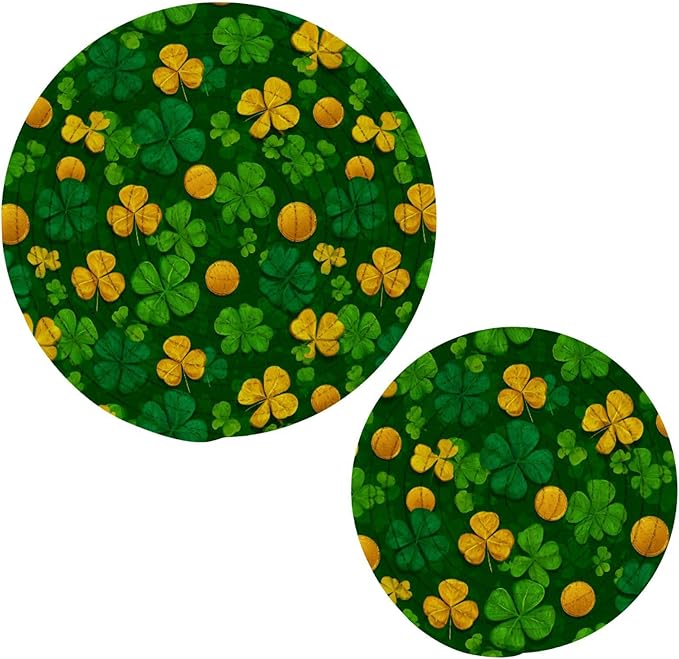 Boccsty Saint Patricks Day Trivet Mat 2PCS Clover Leaves Coin Round Woven Potholders Kitchen Table Countertop Protector Hot Pads Farmhouse Coasters Counter Mats for Cooking Baking