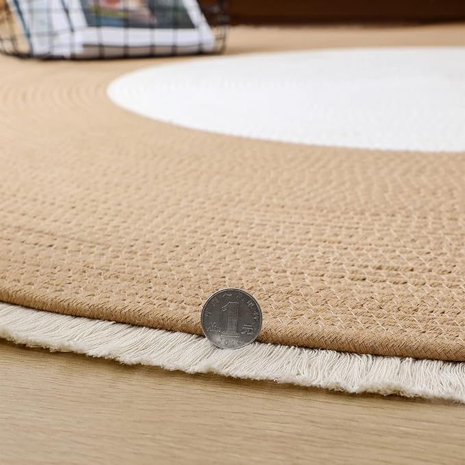 Handwoven 4ft Round Cotton Rope Rug with Tassel Trim – Washable Boho Braided Circle Rug for Bedside, Nursery, Entryway – Beige & White, Soft & Durable