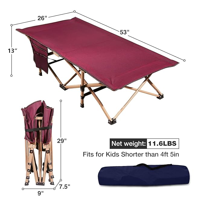 REDCAMP Extra Long Kids Cot for Sleeping 2-7 Years, Portable Travel Toddler Cot Bed with Carry Bag, Lightweight for Outdoor Indoor Home, New Wine Red 53''x26'', 2 Pack
