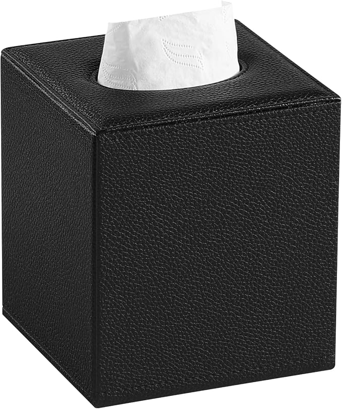 JLAMBOM PU Leather Tissue Box Cover Square Tissue Box Holder with Magnetic Closure, Decorative Tissue Holder for Bathroom Bedroom Office (Black)