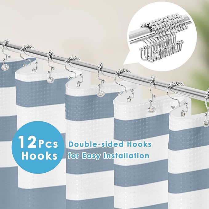 Nesphy Shower Curtain and Liner, Blue Striped 3 in 1 Shower Curtain and PEVA Liner Set with 12 Rust-Resistant Metal Hooks, Waterproof Fabric Shower Curtains for Bathroom, 72 W x 72 H