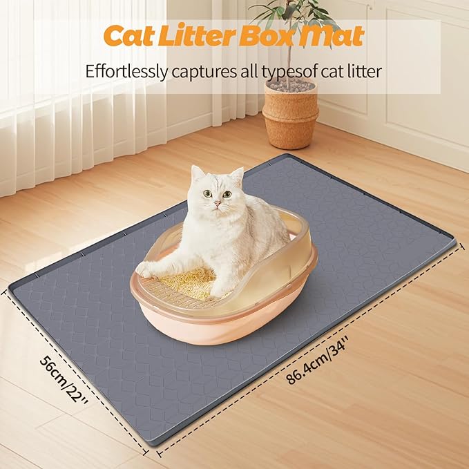 Bartuke Cat Litter Mat, Extra Large 34" x 22" Silicone Mat Litter Trapping Mat for Scatter Control, Soft on Kitty Paws, Easy to Clean (Dark Grey)