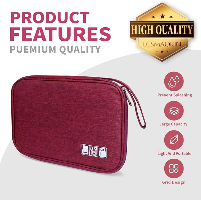 Lcsmaokin Electronics Travel Organizer,Portable Waterproof Electronic Travel Storage Bag for Small Charging Cord Storage,Charger,Small Electronics,SD Card etc,for Travel,Business -Wine Red