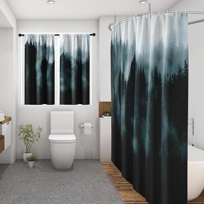 Culudea Misty Mountain Tree Green Spring Waffle Textured Cloth Shower Curtain Set, Fog Forest Nature Vintage Bathroom Window Waterproof Shower Curtains for Bathroom Decor