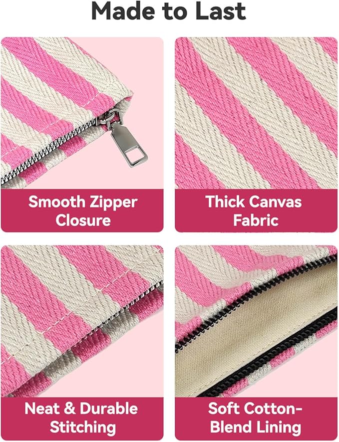 2 Pcs Makeup Bag Set, Women Gifts, Travel Cosmetic Bags, Canvas Make up Bag for Purse, Pink Striped Makeup Pouch with Zipper Lining, Cosmetic Storage Car Organizer, Portable Large & Small Toiletry
