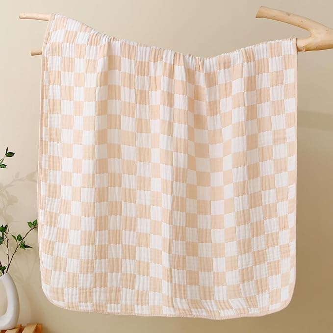 HardNok Ultra-Soft Checkered Muslin Baby Blanket - Swaddle & Crib, 43x43 (Cream)