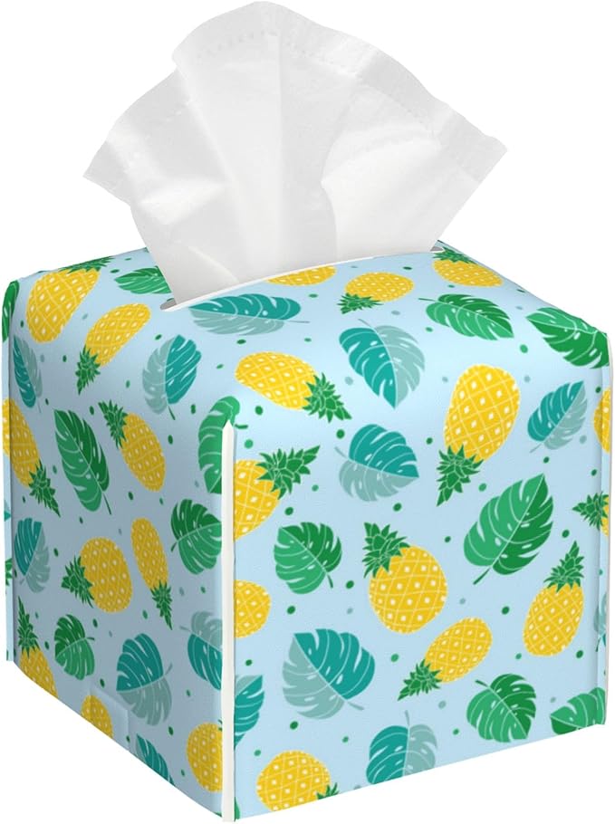 POIUBLE Pineapple and Tropical Leaves Tissue Box Cover Leather Tissue Box Holder Square Facial Paper Organizer Dispenser for Bathroom Kitchen Bedroom Vanity Countertop Night Stands