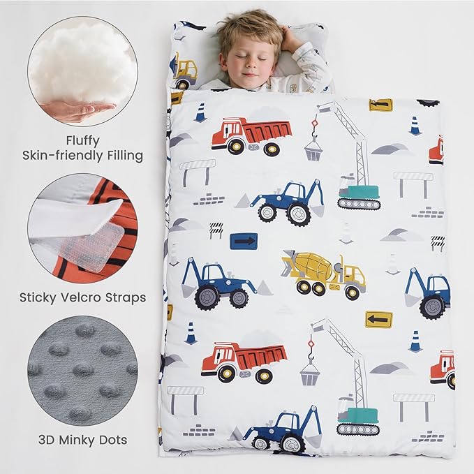 PHF Toddler Nap Mat with Removable Pillow and Minky Fleece Blanket, Rollup Design Warm Slumber Bags for Boys, 52"x20" Kids Sleeping Bag for Daycare Preschool Travel Camping, Truck and Digger