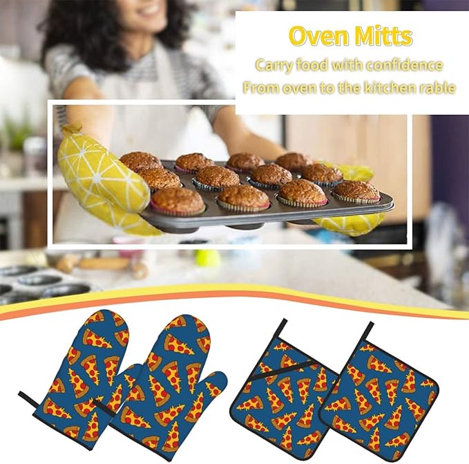 Cute Pizza Oven Mitts and Pot Holders Set of 4, Oven Mittens and Potholders Heat Resistant Gloves for Kitchen Cooking Baking Grilling BBQ