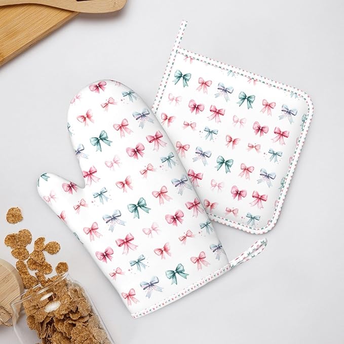 Oven Mitts Pot Holders Set Watercolor Pastel Bow Pattern Silicone Kitchen Gloves Potholders Heat Resistant for Chef Baking Cooking Grilling BBQ 4 Pack Mitt