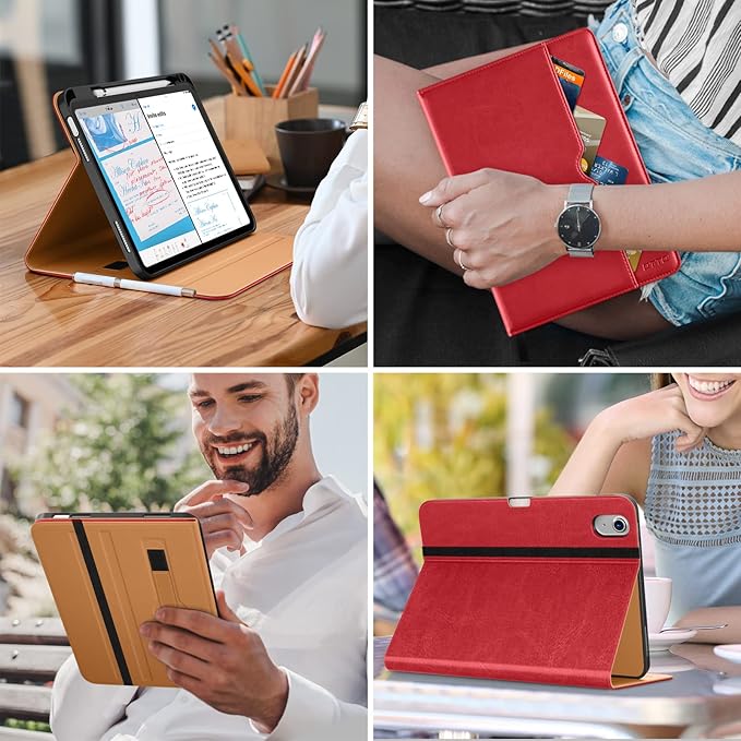DTTO for iPad (A16) 11th Generation Case 11 Inch 2025, iPad 10th Generation Case 10.9 Inch 2022, Premium Leather Business Folio Stand Cover with Pencil Holder - Auto Wake/Sleep, Red