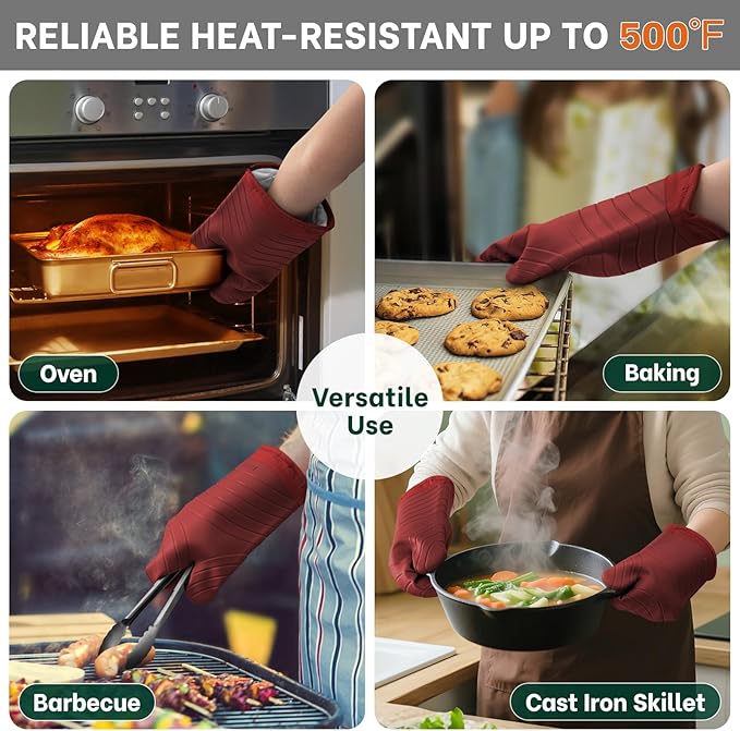 Beneno Heat Resistant Silicone Oven Mitts BPA-Free, Non-Slip Textured Grip & Quilted Cotton Lining, Waterproof Kitchen Mitt 2-Pack Set, 7"x13", Red