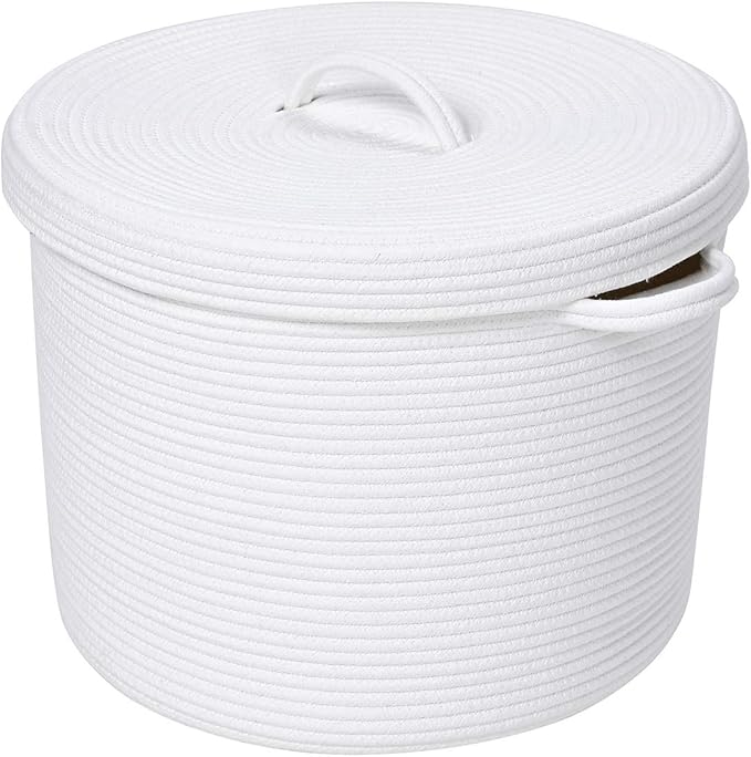 Cottonphant 16" x 16" x 13" Medium Storage Basket with Lid, Cotton Rope Storage Baskets, Laundry Hamper, Cloth Bin, for Clothes Blankets Pillows Storage in Living Room, Full White with Cover