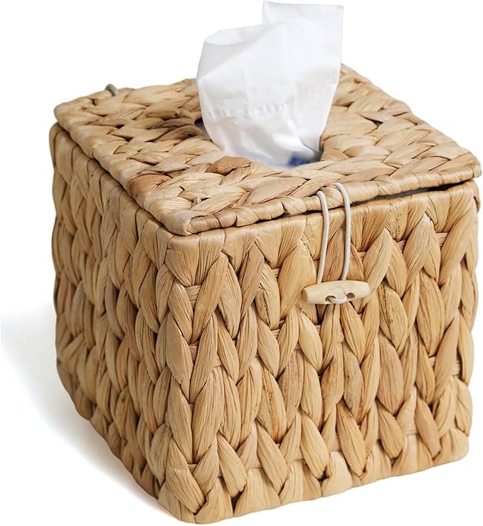 KALEKAIL Rattan Tissue Box Cover with Lid, Wicker Tissue Box Holder Square, Boho Decorative Woven Water Hyacinth Cube Tissue Holders for Bathroom