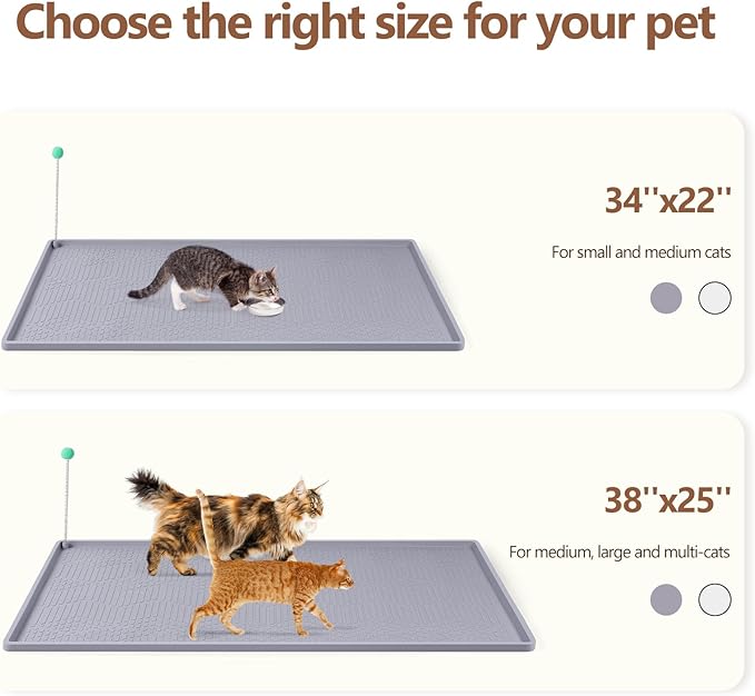 Bartuke Large Cat Litter Mat with Toy Ball, 34'' x 22'' Silicone Cat Litter Trapping Mat for Scatter Control, Soft on Kitty Paws, Easy to Clean (Light Grey)