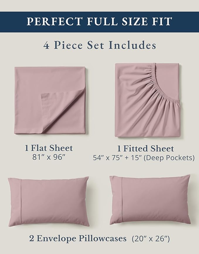 LANE LINEN Eco Friendly 100% Organic Cotton Bed Sheets Full Size, Fully Elasticized Reinforsed Seams, Machine Washable Naturally Cooling Full Sheet Deep Pocket Bedding- Lilac