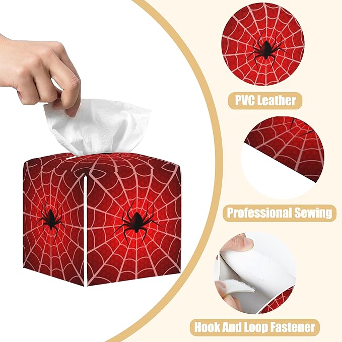 BLYKVGHQ Spider Web Tissue Box Cover Square, Tissue Box Holder with Bottom Belt Leather Facial Paper Organizer Dispenser for Bathroom Bedroom Dresser Night Stand Tabletop