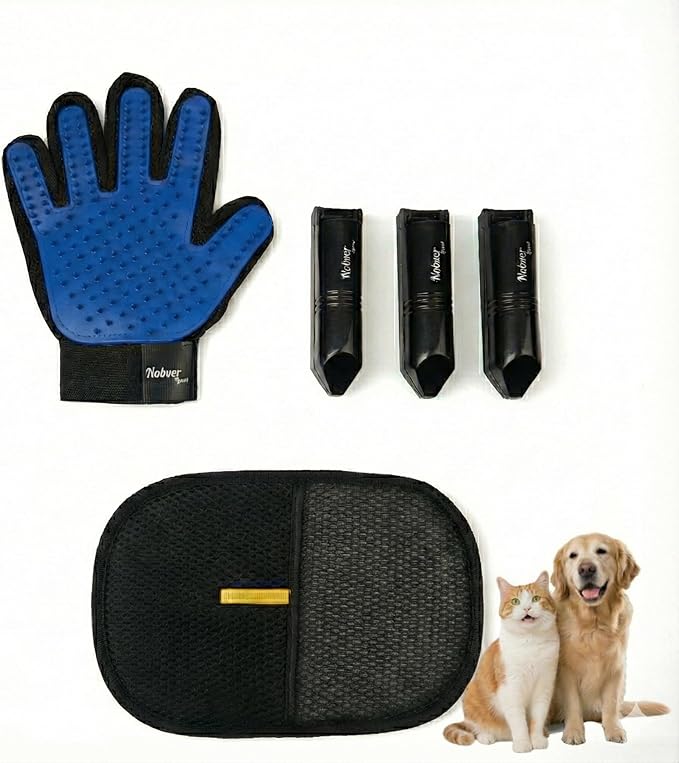 5-in-1 Pet Hair Removal Set – Electrostatic Hair Removal Glove, Pet Deshedding Massage Glove & 3 Portable Washable Lint Rollers for Clothing, Couch, Carpet & Car