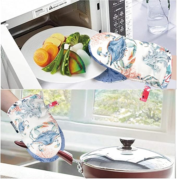 Mini Oven Mitts,2pk - Silicone Little Kitchen Gloves, Heat Resistant with Non-Slip Grip and Soft Quilted Cotton Lining for Safe Backing Cooking Barbecue (Lilac, Crab)