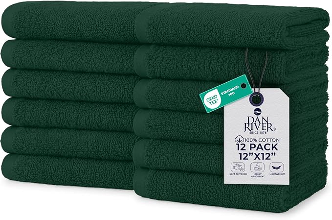 DAN RIVER 12 Pack Wash Cloths for Showering [12x12] - 100% Cotton Washcloths Premium Quality Flannel Face Cloths for Bathroom, Highly Absorbent and Soft Feel Wash Clothes, Hunter Green