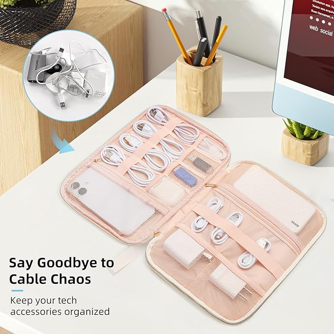 ZFZGFRCS Electronics Organizer Travel Case, Charger Bag Cord Organizer Travel, All-in-One Cable Organizer Bag for Charger, Cords, Phone, Headphones, Flash Drive, SD Card (Beige, Large-Double Layer)