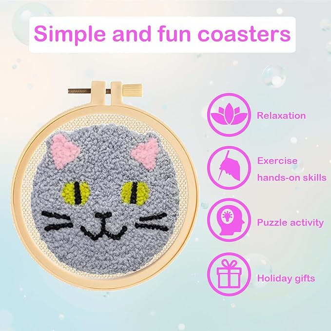57lilina Punch Needle Coaster Kit for Adults Beginners, 6 Set Complete Animal Cat Punch Needle Stitching Embroidery Art Kit, Step-by-Step Guide Make Punch Needling Drink Coasters for Starter