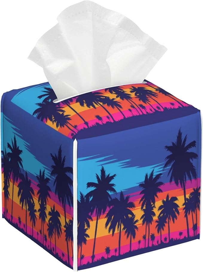 POIUBLE Leather Tissue Box Holder Palm Trees at Sunset Tissue Box Cover Square Waterproof Tissue Holder Organizer Modern Napkin Holder for Bedroom Dresser Night Stand Office Desk