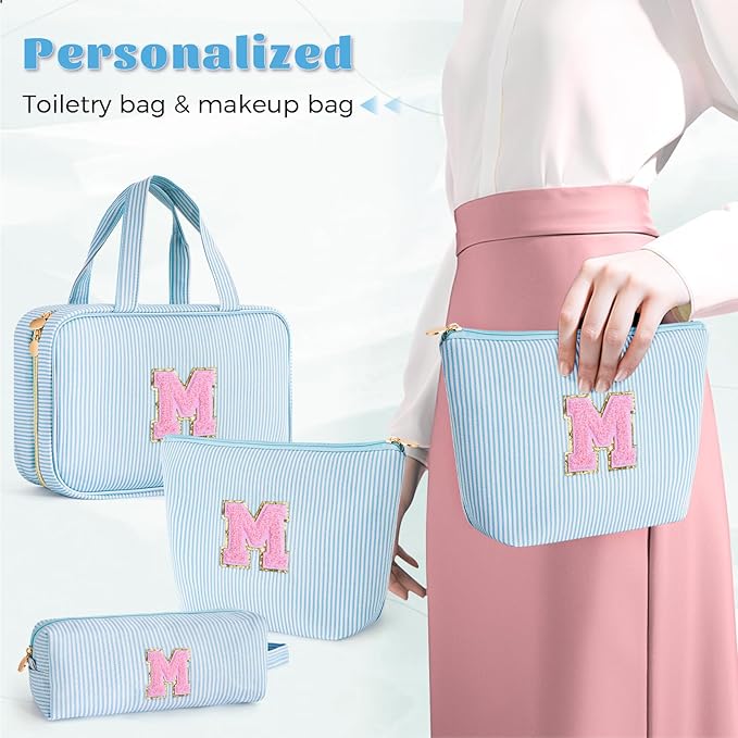 Fystdtote Christmas Gifts for Grandkids Stocking Stuffers for Teen Girls Mom Gifts Initial Toiletry Makeup Bag Birthday Gift Travel Cosmetic Bags Travel Essentials - Blue M