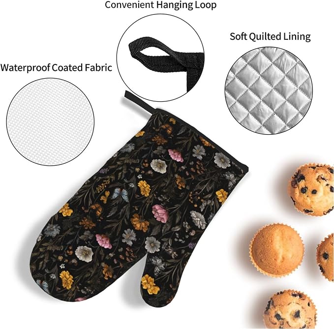 Oven Mitts and Pot Holders Sets of 4 Flower Butterfly Boho Botanical Kitchen Potholder Gloves Heat Resistant Non-Slip for Chef Baking Cooking Grilling BBQ Mittens