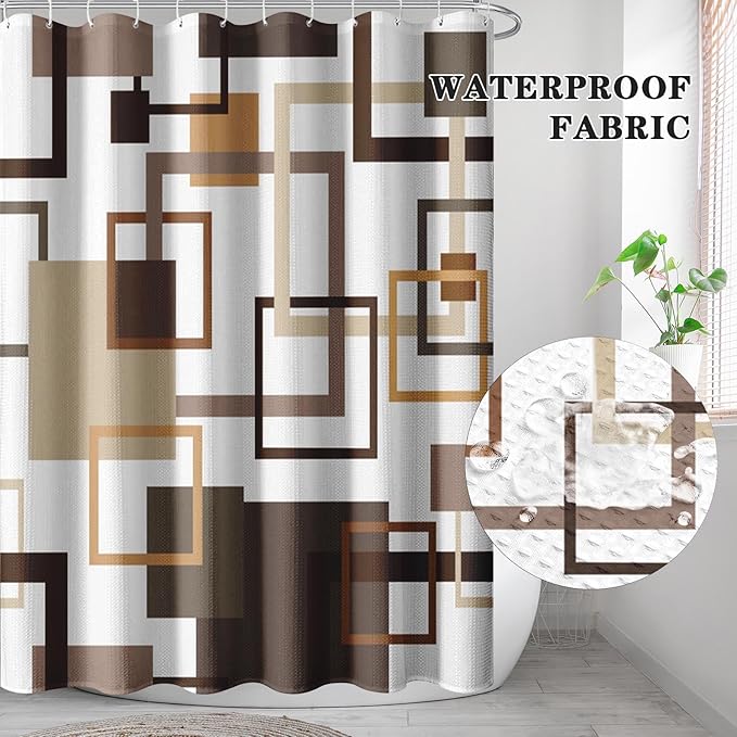 Culudea Geometric Vintage Brown Shower Curtain Set, Abstract Modern Line Bathroom Window Waterproof Shower Curtain Set for Bathroom Decor
