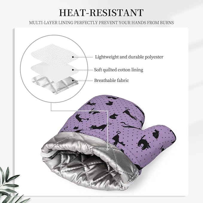 Black Cat Oven Mitts and Pot Holders Sets of 4,Resistant Hot Pads with Polyester Non-Slip BBQ Gloves for Kitchen,Cooking,Baking,Grilling