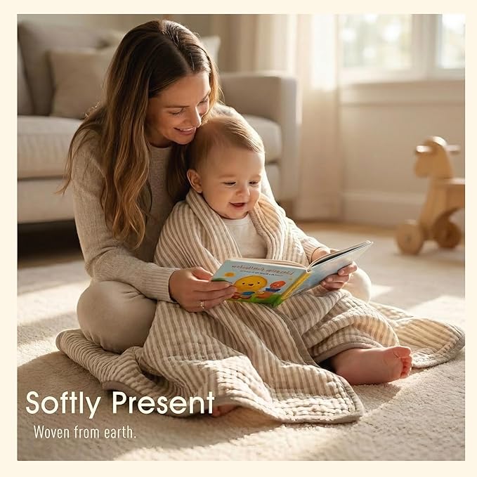 HardNok Ultra Soft Muslin Baby Blanket - Made with Organic Cotton, Gender Neutral Warm Coffee Striped Jacquard, Swaddle & Crib Quilt, 43x43 Inches (Horizon Dune)