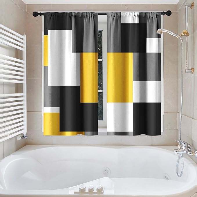 Culudea Geometric Yellow White Shower Curtain Set, Black and Gray Modern Bathroom Window Waterproof Shower Curtain Set for Bathroom Decor