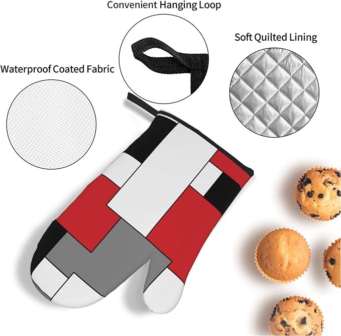 Red White Black Grey Geometry Oven Mitts and Pot Holders 4 Pcs Set Geometric Oven Gloves and Potholders for Cooking Microwave BBQ Baking Grilling