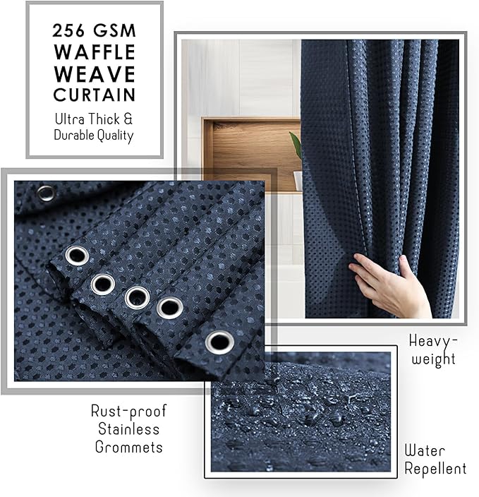 Clara Clark Navy Blue Shower Curtain - Hotel Quality Waffle Fabric Bath Curtain 72x72, Heavy Duty Waterproof Shower Curtains for Bathroom