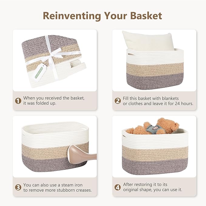 ECDYQXVU Cotton Rope Basket, Storage Baskets with Handle, 15x10x9 Inch Woven Basket for Shelves, Laundry, Towels, Clothes, Books (Jute/Brown 3Pack)