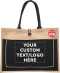 DISCOUNT PROMOS Custom Jute Tote Bags with Cotton Pocket Set of 100, Personalized Bulk Pack - Reusable, Great for Picnic, Camping, Beach, Outdoor Activities - Black