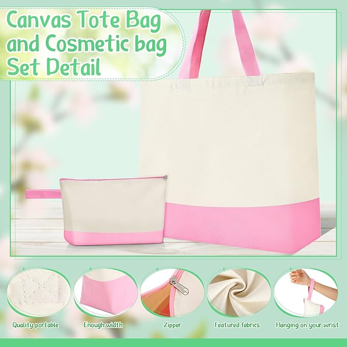Sanwuta Canvas Tote Bags Bulk with Zipper Cosmetic Pouch 18.5" Reusable Cotton Shopping Bag with Handle for DIY Craft