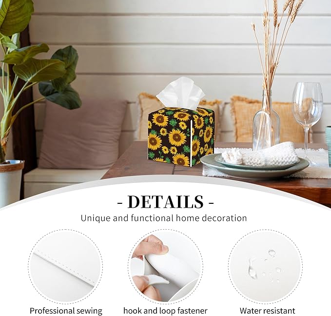 POIUBLE Sunflower Tissue Box Cover Leather Tissue Box Holder Square Facial Paper Organizer Dispenser for Bathroom Kitchen Bedroom Vanity Countertop Night Stands
