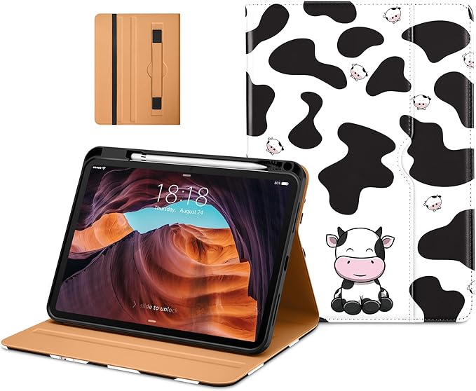 DTTO for iPad (A16) 11th Generation Case 11 Inch 2025, iPad 10th Generation Case 10.9 Inch 2022, Premium Leather Business Folio Stand Cover with Pencil Holder - Auto Wake/Sleep, Cow Print