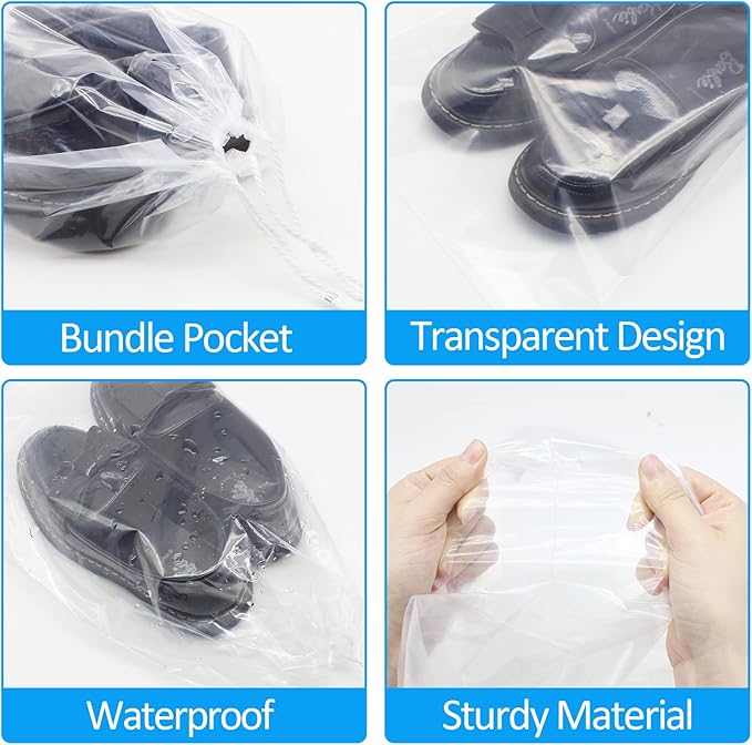 Belinlen 100 Pack 10x14 inch Transparent Shoe Bags for Travel Clear Shoes Storage Organizers Pouch with Cotton Draw Strings Shoe Dust Bags
